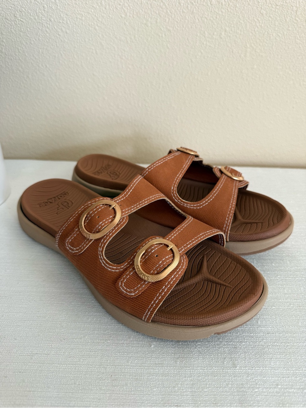 New COFACE Brown Slide Sandals with Gold Buckles